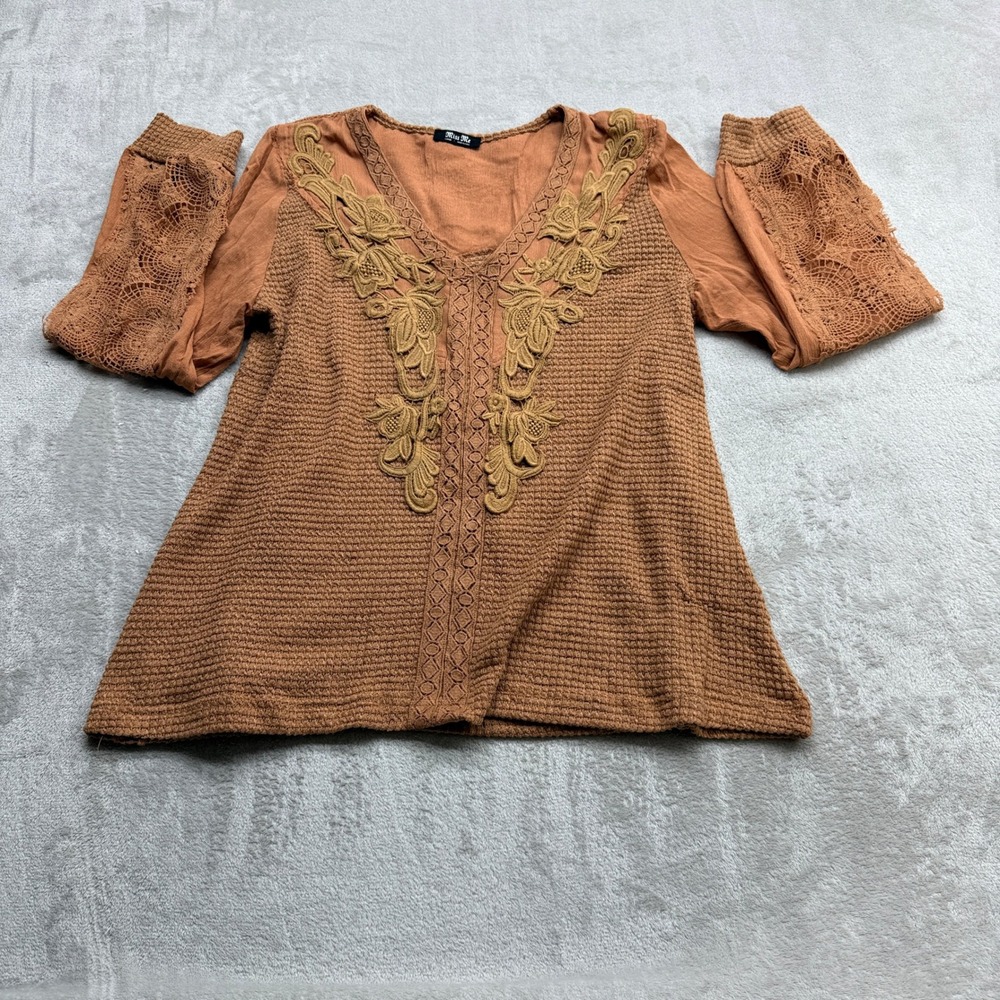 Miss Me Embroidered Top Women's Large Rust Boho Western Rustic Lace Thermal Knit